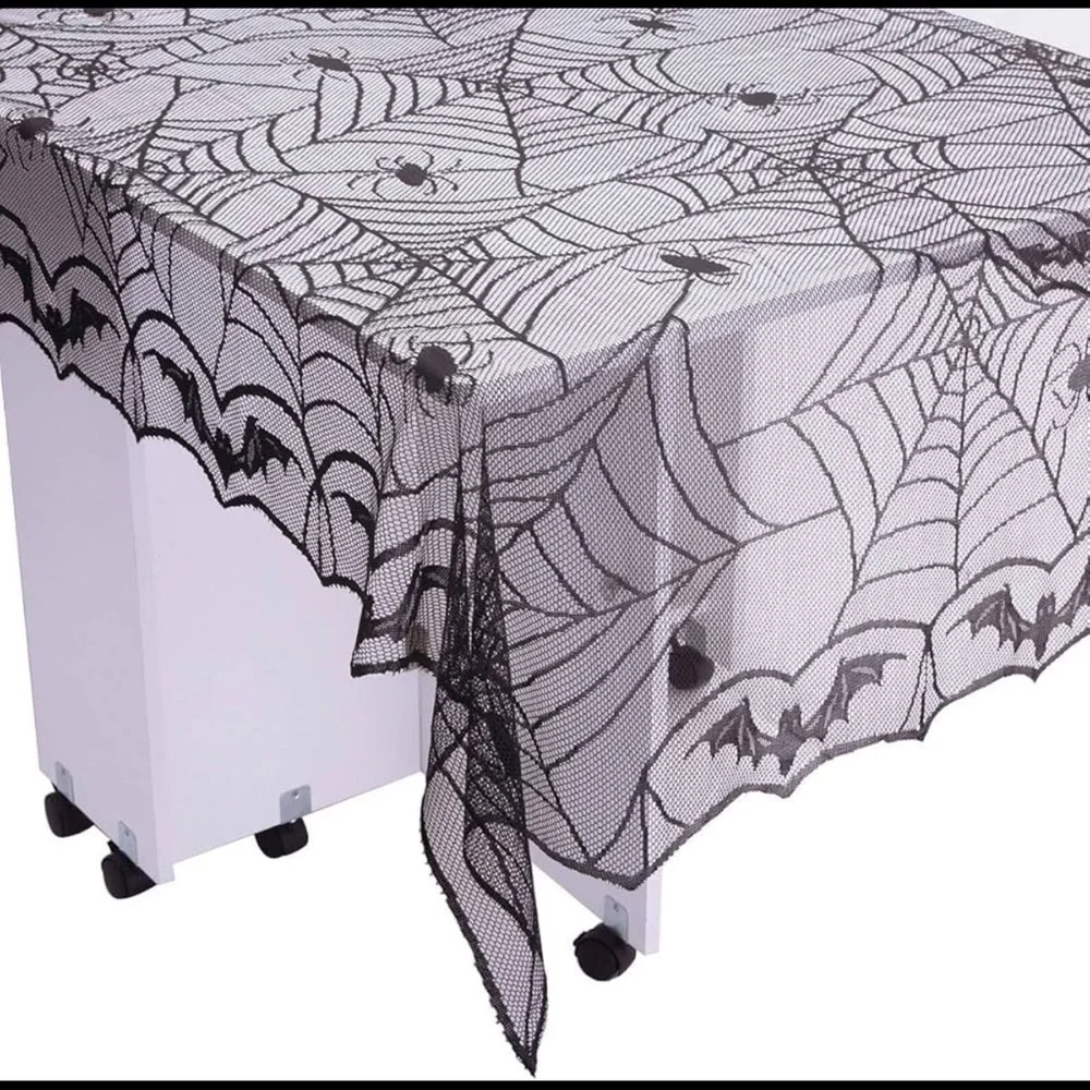 Halloween Lace Tablecloth & Mantel Scarf Set Spiderweb Black Gothic Décor